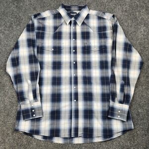 Wrangler Shirt Mens 2XL Blue Gray Plaid‎ Western Pearl Snap Long Sleeve Cowboy